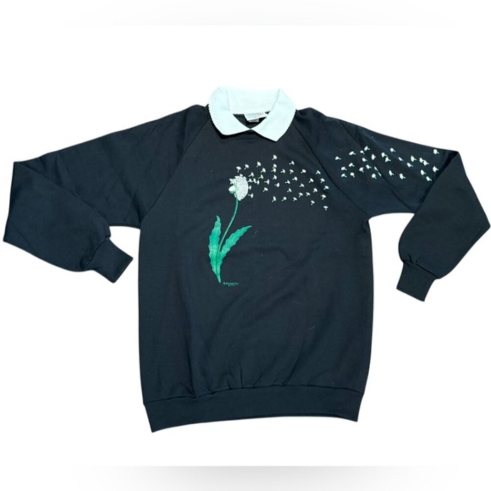 Vintage Morning Sun Black Sweatshirt with Dandelions Design Womens XL Made USA
